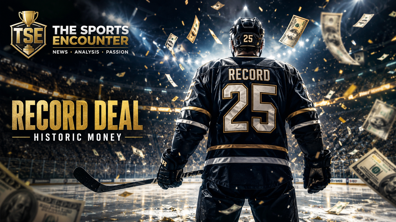 Back view of an NHL player standing on the ice as dollar bills rain down around him in a dramatic record-deal themed graphic.