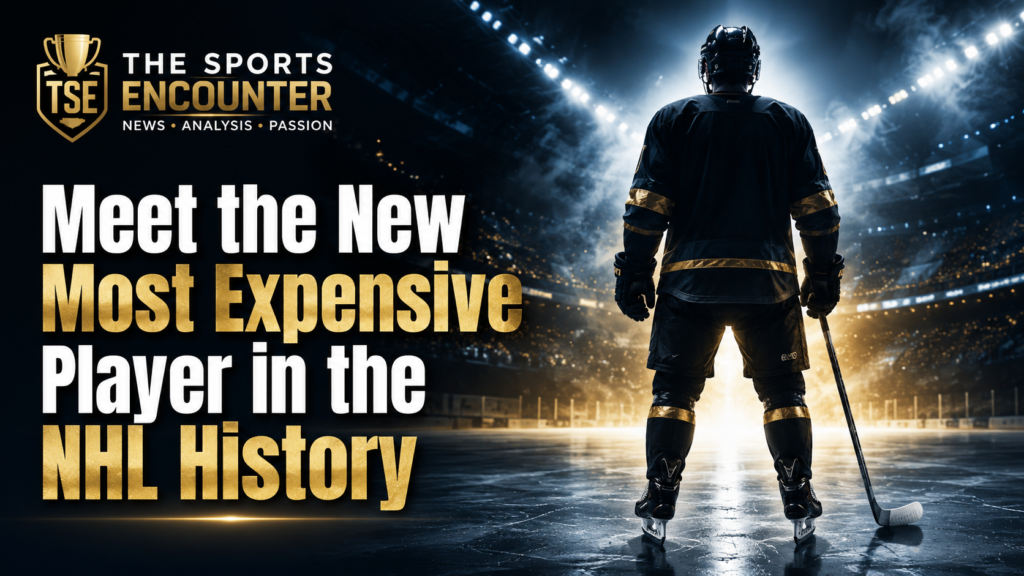 Anonymous hockey player stands on the ice under arena lights beside the headline “Meet the New Most Expensive Player in the NHL History” in a dramatic NHL-themed graphic.