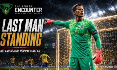 Ørjan Nyland stands in front of Norway’s goal in a green goalkeeper kit after helping Norway beat Brazil at the FIFA World Cup 2026.