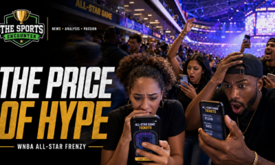 Fans react in a packed basketball arena while searching for WNBA All-Star Game tickets on their phones, with The Sports Encounter branding and the headline “The Price of Hype.”