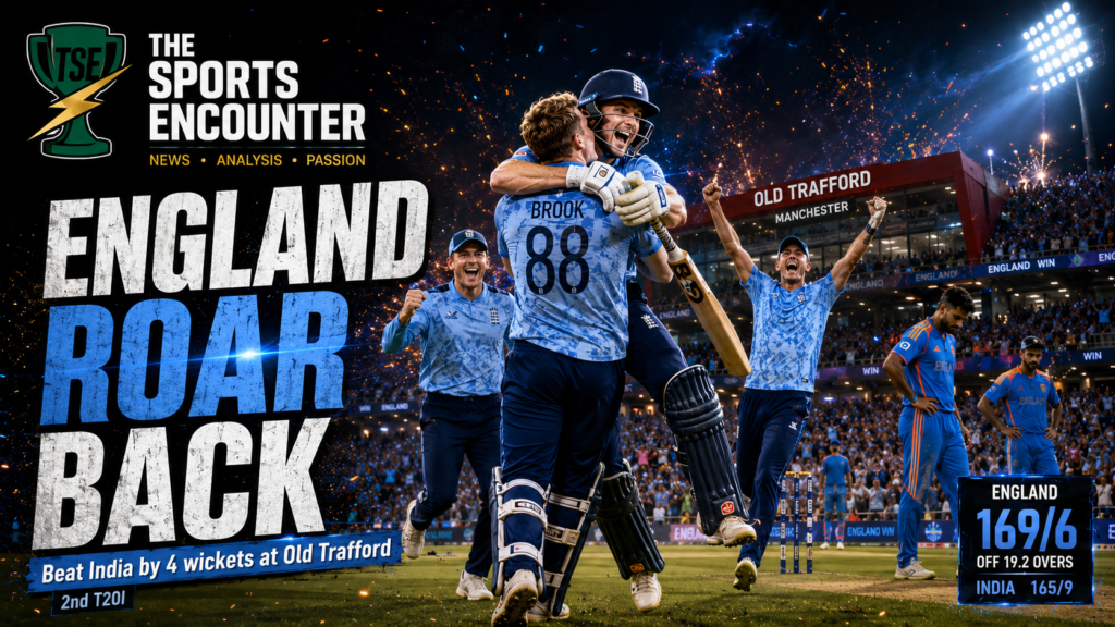 England players celebrate their 2nd T20I victory over India at Old Trafford as Indian players stand dejected in the background under stadium floodlights.