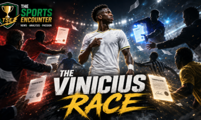 Cinematic VFX featured image showing a fictionalized Vinicius Jr-inspired football star surrounded by rival teams and executives offering contracts, with The Sports Encounter logo and the headline “The Vinicius Race.”
