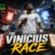 Cinematic VFX featured image showing a fictionalized Vinicius Jr-inspired football star surrounded by rival teams and executives offering contracts, with The Sports Encounter logo and the headline “The Vinicius Race.”