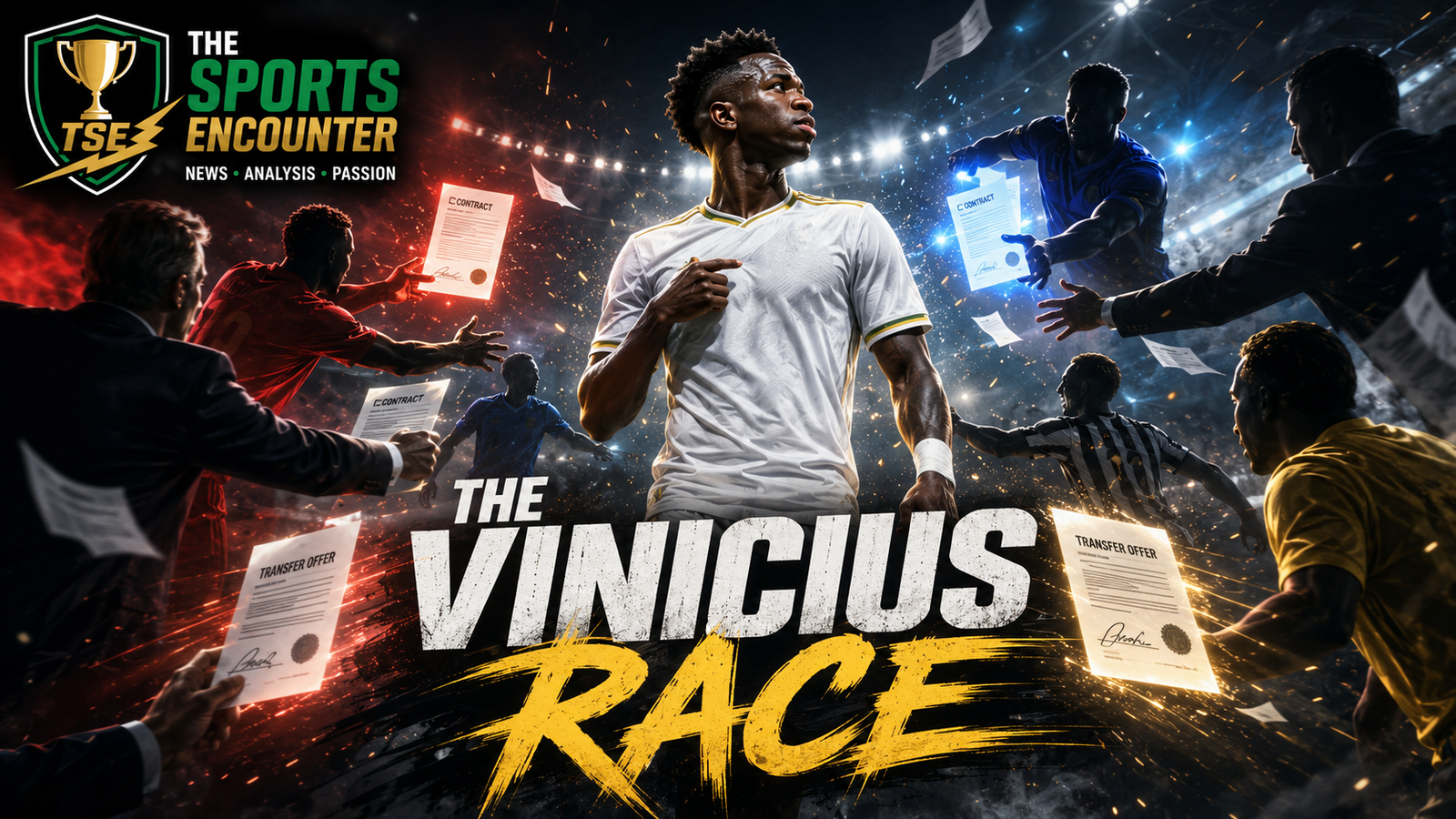 Cinematic VFX featured image showing a fictionalized Vinicius Jr-inspired football star surrounded by rival teams and executives offering contracts, with The Sports Encounter logo and the headline “The Vinicius Race.”
