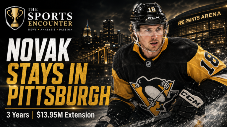 Tommy Novak skates in a Pittsburgh Penguins uniform outside PPG Paints Arena, highlighting his three-year, $13.95 million contract extension through the 2029-30 NHL season.