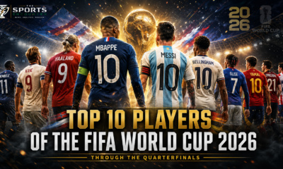 VFX-style featured image showing ten FIFA World Cup 2026 footballers from behind with shirt names including Mbappe, Messi, Haaland, and Bellingham, standing in a dramatic stadium under The Sports Encounter logo.
