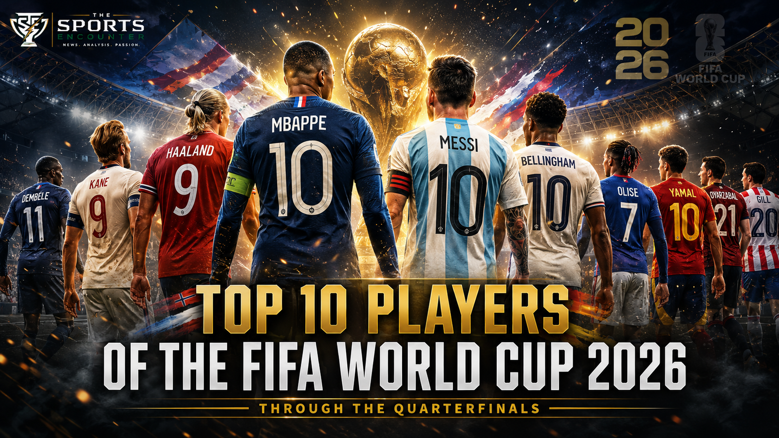 VFX-style featured image showing ten FIFA World Cup 2026 footballers from behind with shirt names including Mbappe, Messi, Haaland, and Bellingham, standing in a dramatic stadium under The Sports Encounter logo.