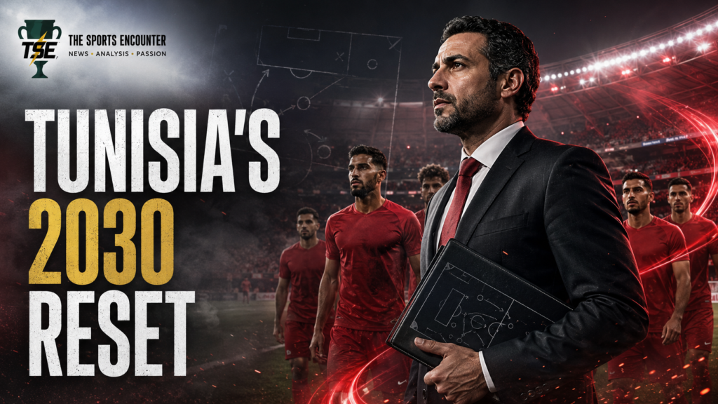 Cinematic VFX artwork of Tunisia’s new coach leading players through a floodlit stadium, representing Moïne Chaabani’s appointment and the national team’s rebuild toward 2030.