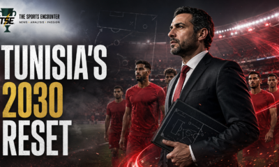 Cinematic VFX artwork of Tunisia’s new coach leading players through a floodlit stadium, representing Moïne Chaabani’s appointment and the national team’s rebuild toward 2030.