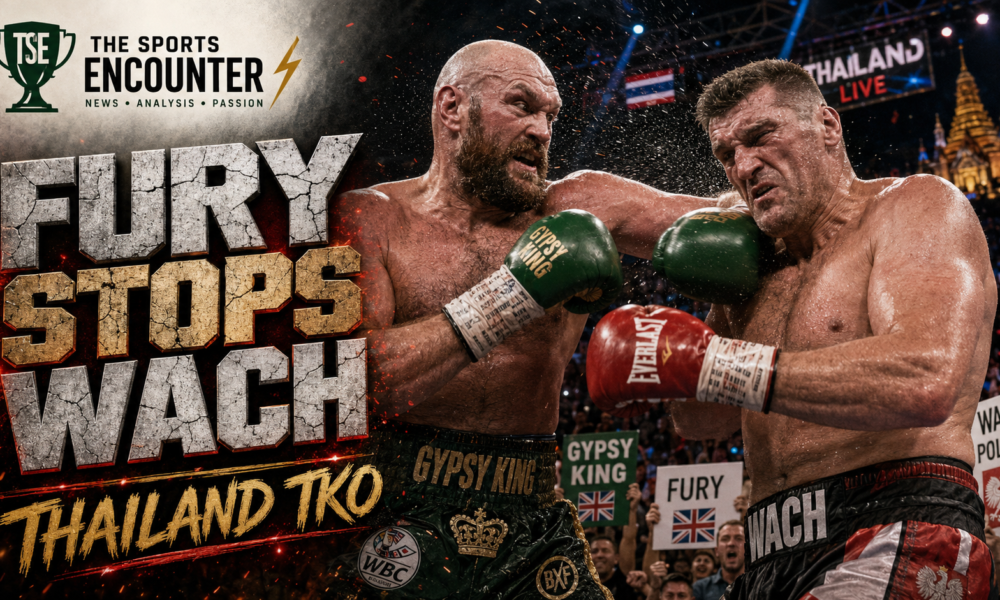 Tyson Fury and Mariusz Wach exchange heavy punches in an intense VFX-style boxing poster, with fans cheering behind them and The Sports Encounter logo on the design.