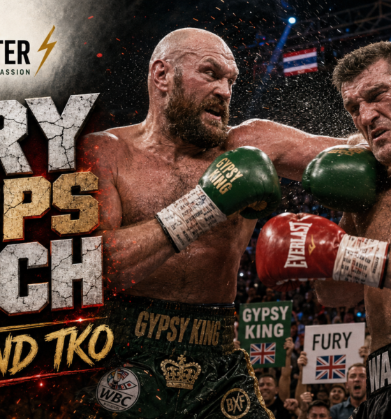 Tyson Fury and Mariusz Wach exchange heavy punches in an intense VFX-style boxing poster, with fans cheering behind them and The Sports Encounter logo on the design.