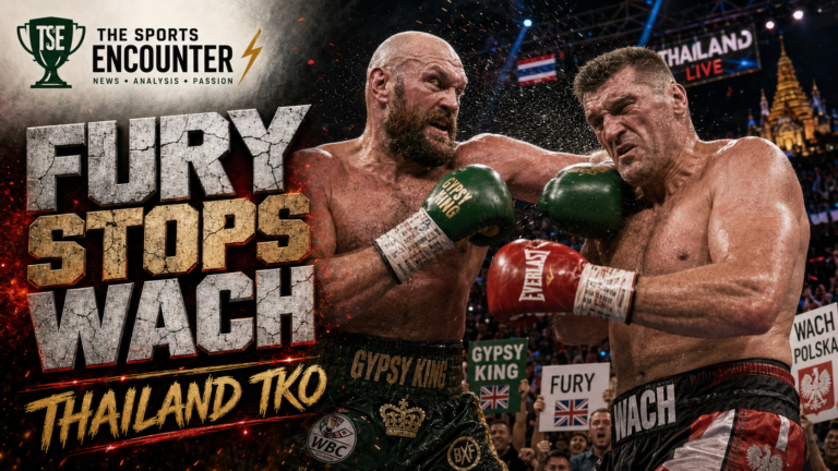 Tyson Fury and Mariusz Wach exchange heavy punches in an intense VFX-style boxing poster, with fans cheering behind them and The Sports Encounter logo on the design.