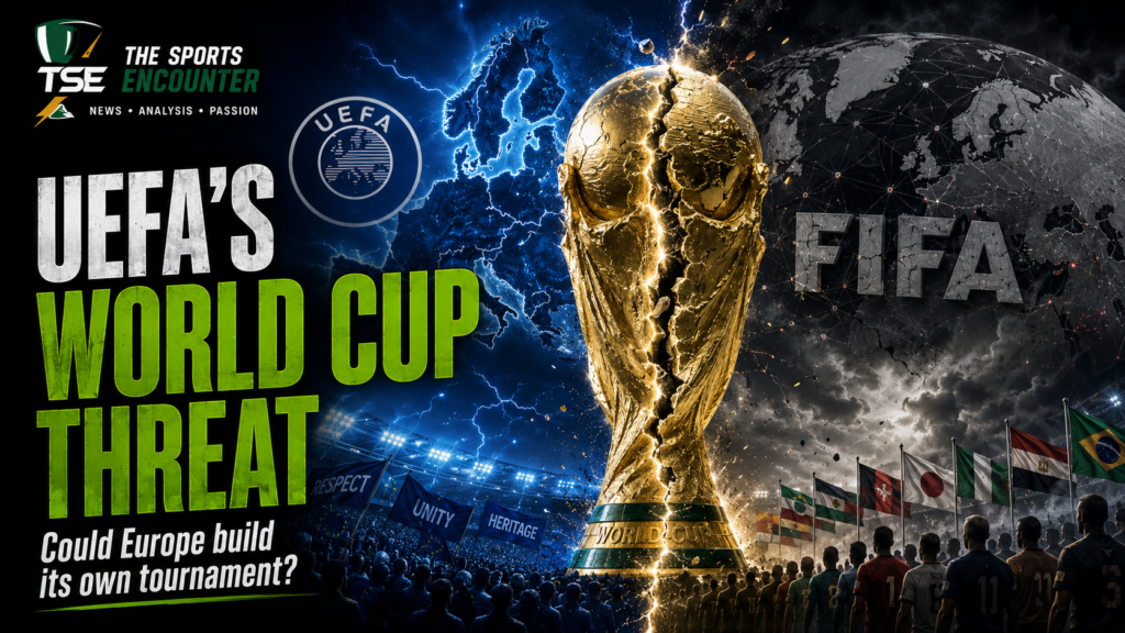 Cinematic graphic showing a cracked World Cup trophy between UEFA and FIFA, symbolizing Europe’s boycott threat and the possibility of a rival international tournament.