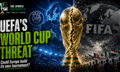 Cinematic graphic showing a cracked World Cup trophy between UEFA and FIFA, symbolizing Europe’s boycott threat and the possibility of a rival international tournament.