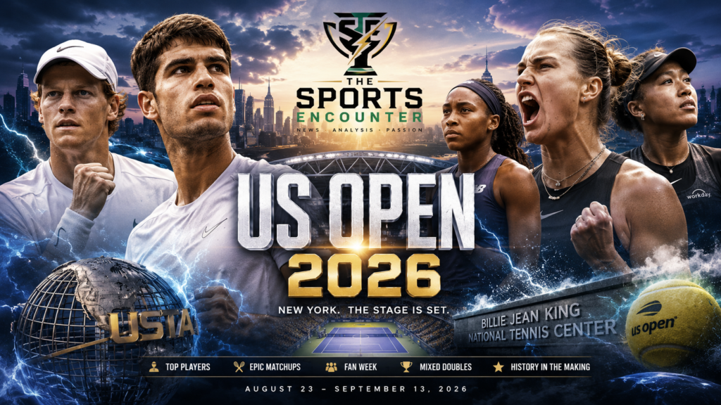 Cinematic US Open 2026 featured image showing leading men’s and women’s tennis stars against the New York skyline and Arthur Ashe Stadium, with dramatic blue VFX lighting, a US Open tennis ball, event dates, and The Sports Encounter logo.