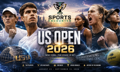 Cinematic US Open 2026 featured image showing leading men’s and women’s tennis stars against the New York skyline and Arthur Ashe Stadium, with dramatic blue VFX lighting, a US Open tennis ball, event dates, and The Sports Encounter logo.