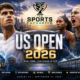 Cinematic US Open 2026 featured image showing leading men’s and women’s tennis stars against the New York skyline and Arthur Ashe Stadium, with dramatic blue VFX lighting, a US Open tennis ball, event dates, and The Sports Encounter logo.