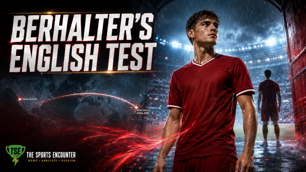 Cinematic VFX artwork of an American midfielder in a red kit entering a floodlit English stadium, representing Sebastian Berhalter’s transfer from Vancouver Whitecaps to Middlesbrough.