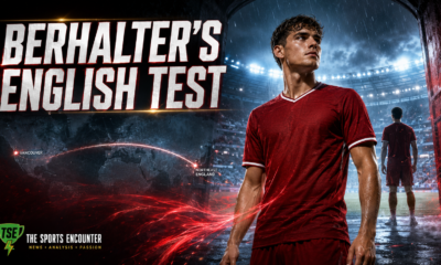 Cinematic VFX artwork of an American midfielder in a red kit entering a floodlit English stadium, representing Sebastian Berhalter’s transfer from Vancouver Whitecaps to Middlesbrough.