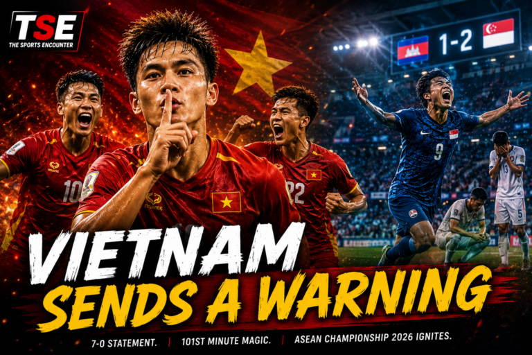 Vietnam players celebrate their dominant opening-day victory over Timor-Leste during the 2026 ASEAN Championship, with Nguyen Dinh Bac leading the celebration in the foreground, while Singapore's Ilhan Fandi celebrates his dramatic late winner against Cambodia in the background. The official The Sports Encounter logo appears in the top-left corner beneath the headline, "Vietnam Sends a Warning."