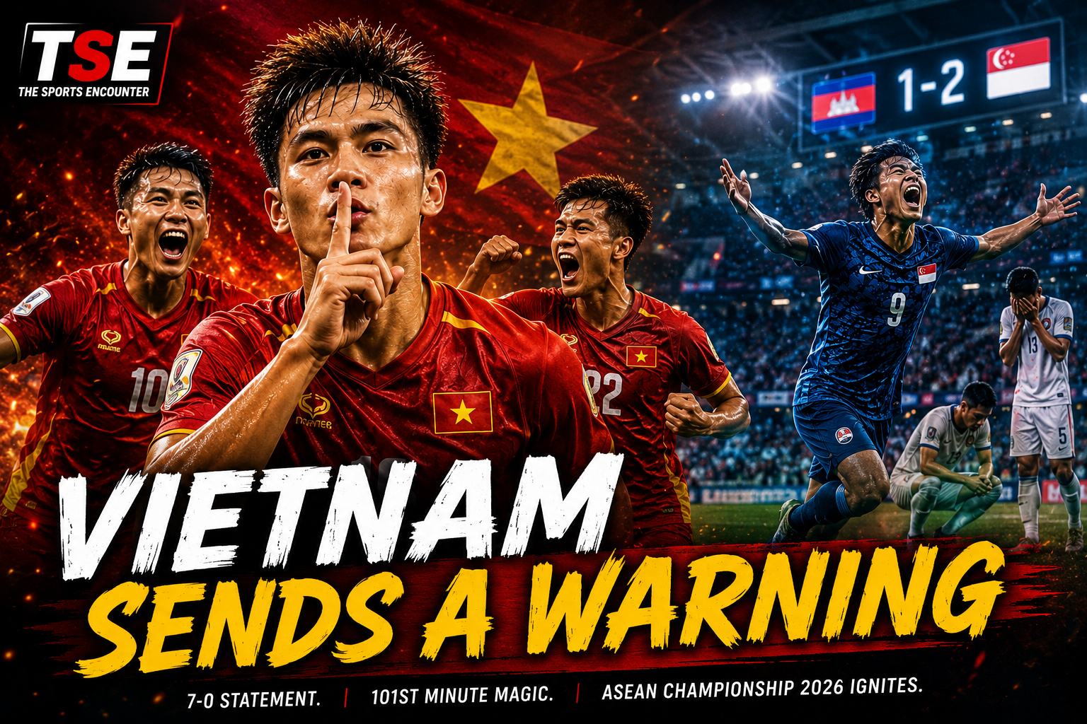Vietnam players celebrate their dominant opening-day victory over Timor-Leste during the 2026 ASEAN Championship, with Nguyen Dinh Bac leading the celebration in the foreground, while Singapore's Ilhan Fandi celebrates his dramatic late winner against Cambodia in the background. The official The Sports Encounter logo appears in the top-left corner beneath the headline, "Vietnam Sends a Warning."