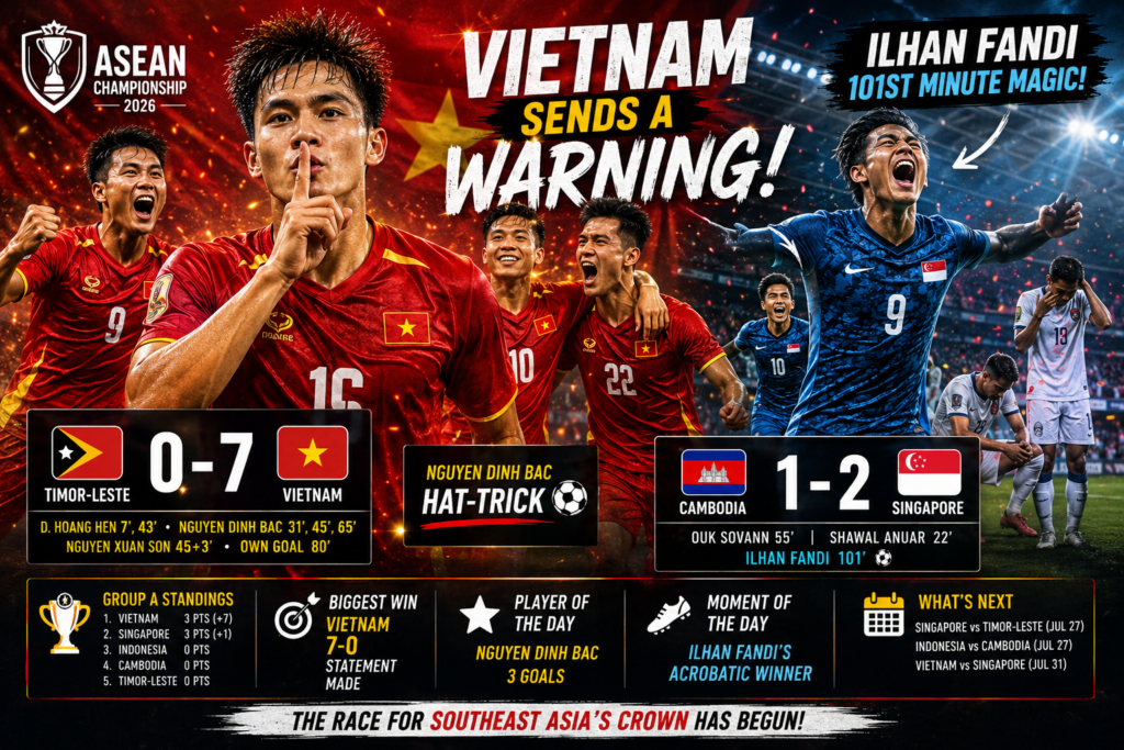 Vietnam’s Seven-Goal Warning Opens ASEAN Championship 2026 With Late Singapore Drama
