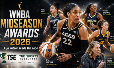 A’ja Wilson stands at the center of a VFX-style WNBA midseason awards graphic, surrounded by emerging stars symbolizing the league’s changing guard in 2026.