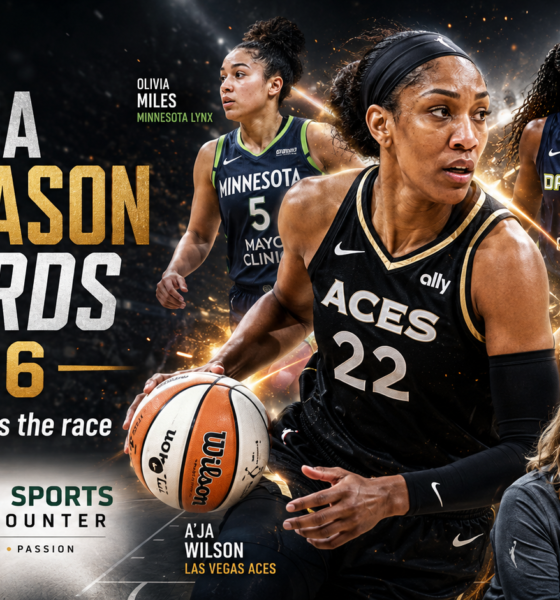 A’ja Wilson stands at the center of a VFX-style WNBA midseason awards graphic, surrounded by emerging stars symbolizing the league’s changing guard in 2026.