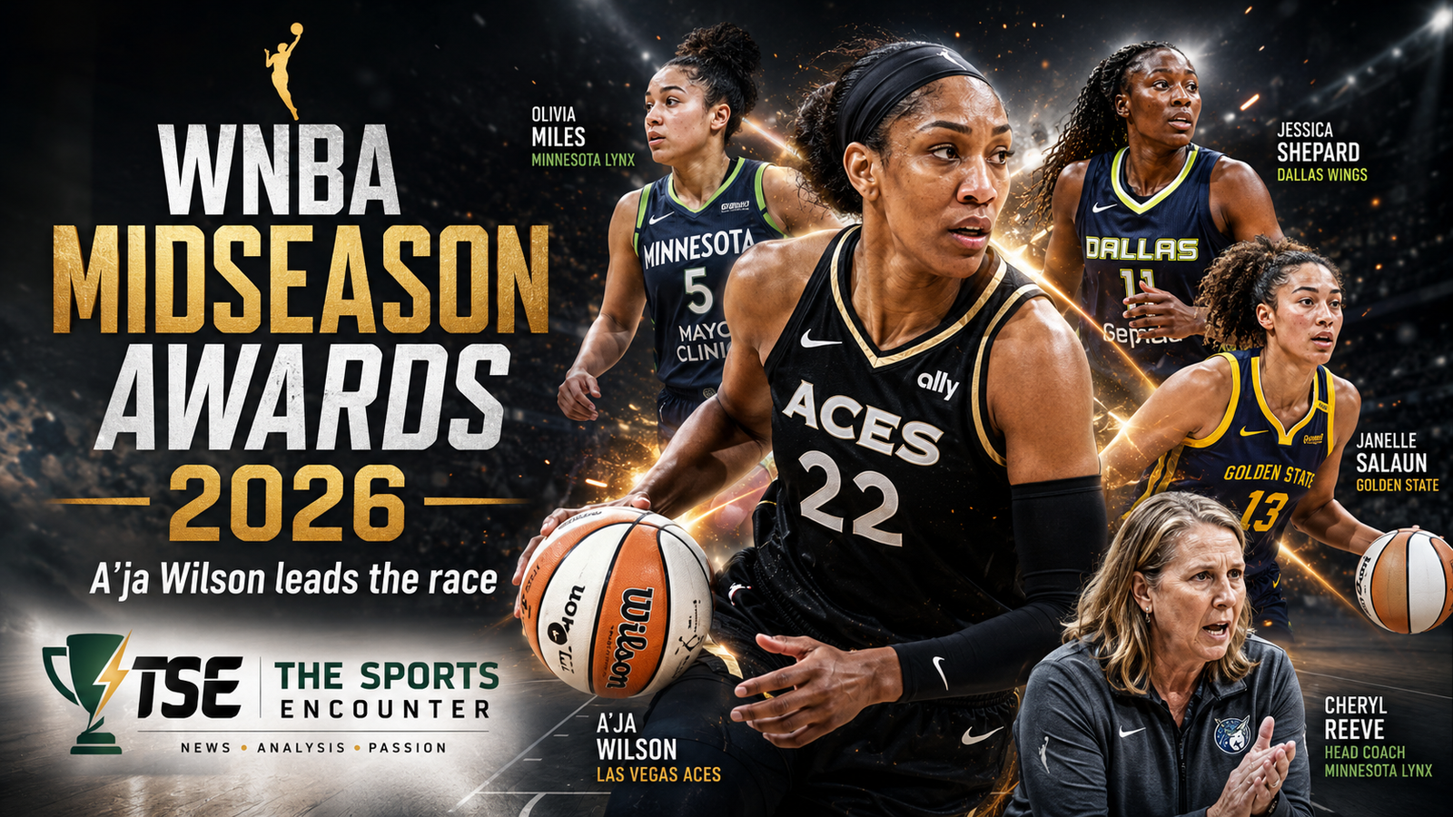 A’ja Wilson stands at the center of a VFX-style WNBA midseason awards graphic, surrounded by emerging stars symbolizing the league’s changing guard in 2026.