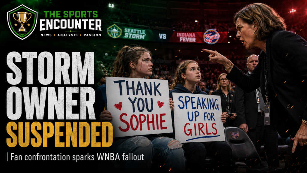 Two teenage fans hold signs supporting Sophie Cunningham as a Seattle Storm co-owner confronts them during a WNBA game, illustrating the incident that led to her suspension.