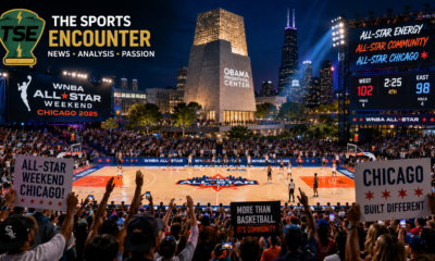 Fans cheer around a WNBA All-Star court at the Obama Presidential Center in Chicago, with event lights, community signs, city skyline, and The Sports Encounter logo.