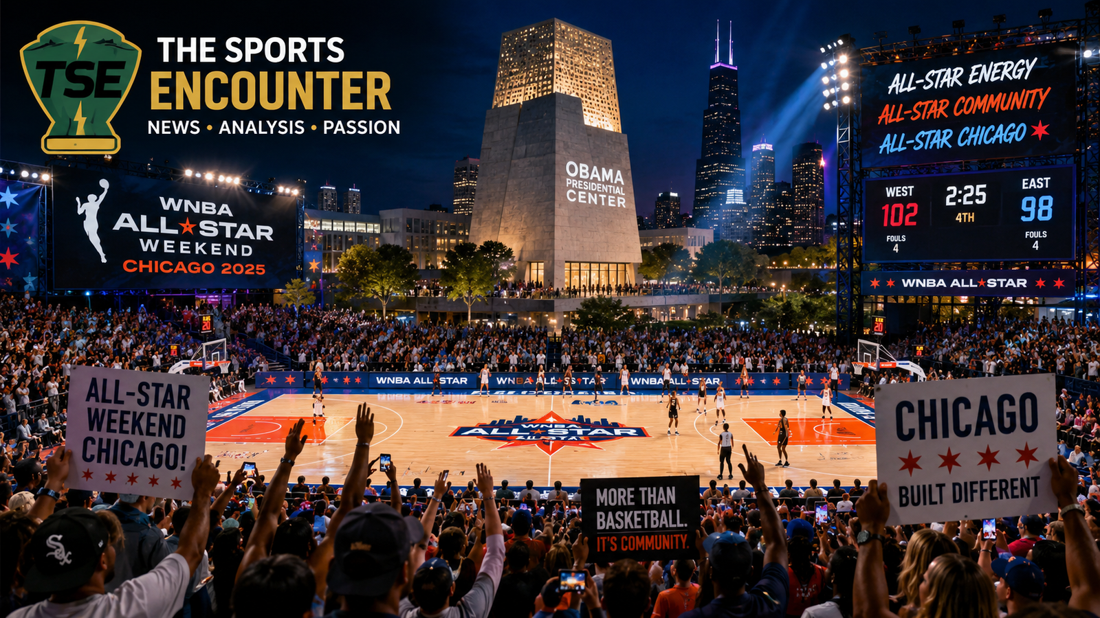 Fans cheer around a WNBA All-Star court at the Obama Presidential Center in Chicago, with event lights, community signs, city skyline, and The Sports Encounter logo.