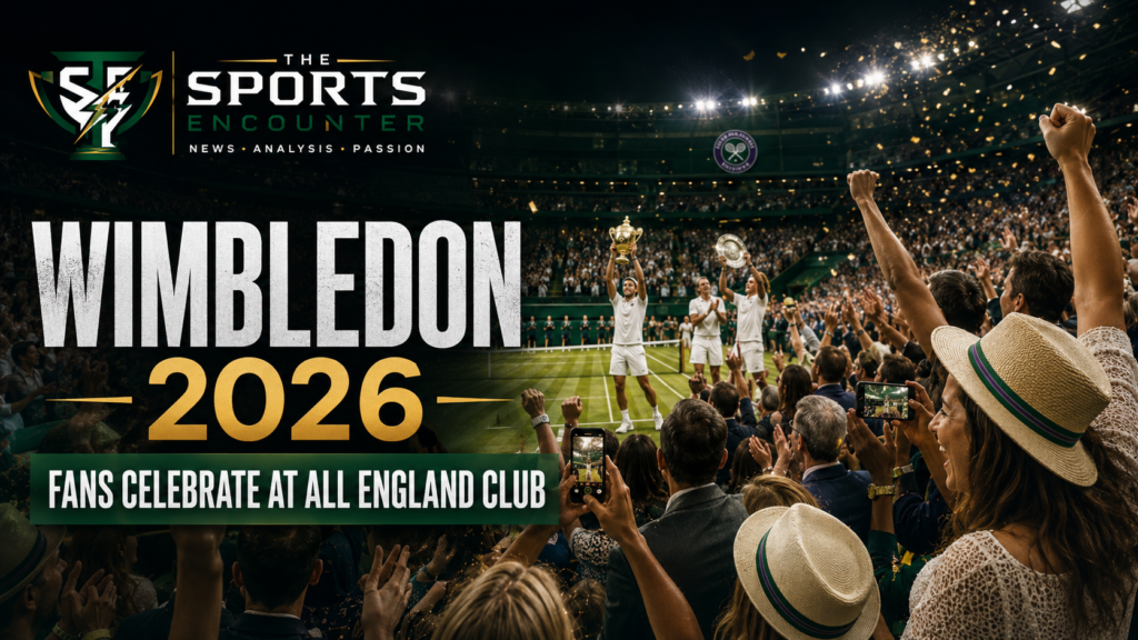 Wimbledon 2026 featured image showing fans celebrating at the All England Club as tennis winners lift trophies on a grass court with The Sports Encounter logo.