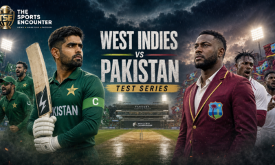 Babar Azam stands at the center of a dramatic West Indies vs Pakistan Test series poster, with Caribbean stadium lights, rain clouds, and players from both sides setting up the 2026 Tarouba opener.