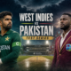 Babar Azam stands at the center of a dramatic West Indies vs Pakistan Test series poster, with Caribbean stadium lights, rain clouds, and players from both sides setting up the 2026 Tarouba opener.