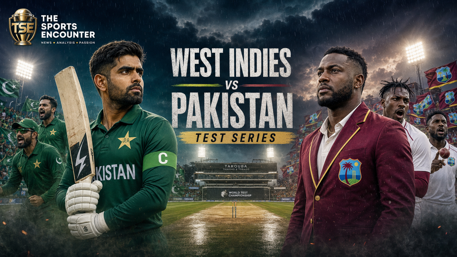 Babar Azam stands at the center of a dramatic West Indies vs Pakistan Test series poster, with Caribbean stadium lights, rain clouds, and players from both sides setting up the 2026 Tarouba opener.