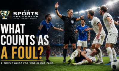 A referee signals a foul during a World Cup soccer match as players protest a physical challenge, with The Sports Encounter logo and a clean rules-explainer design.