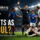 A referee signals a foul during a World Cup soccer match as players protest a physical challenge, with The Sports Encounter logo and a clean rules-explainer design.