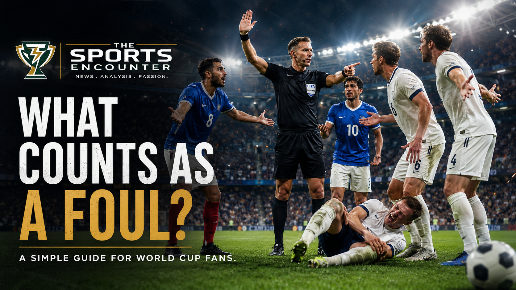 A referee signals a foul during a World Cup soccer match as players protest a physical challenge, with The Sports Encounter logo and a clean rules-explainer design.