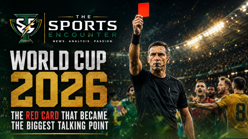 FIFA World Cup 2026 featured image showing a referee raising a red card during a major controversy as players protest in the background with The Sports Encounter logo.