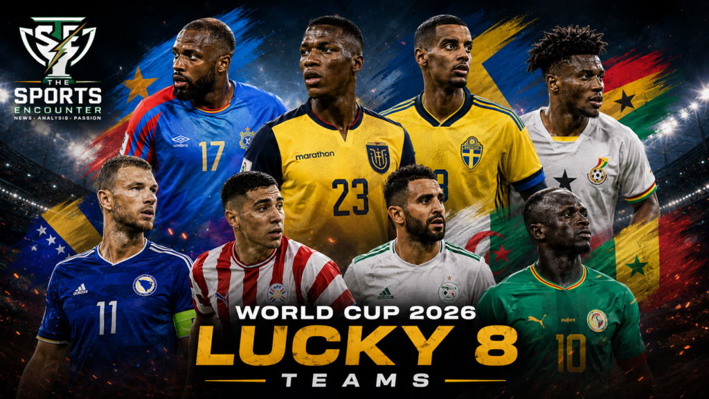 Top players representing the eight Lucky 8 teams at the FIFA World Cup 2026, shown in a cinematic stadium collage with The Sports Encounter logo.