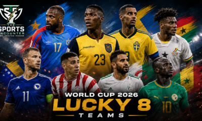 Top players representing the eight Lucky 8 teams at the FIFA World Cup 2026, shown in a cinematic stadium collage with The Sports Encounter logo.