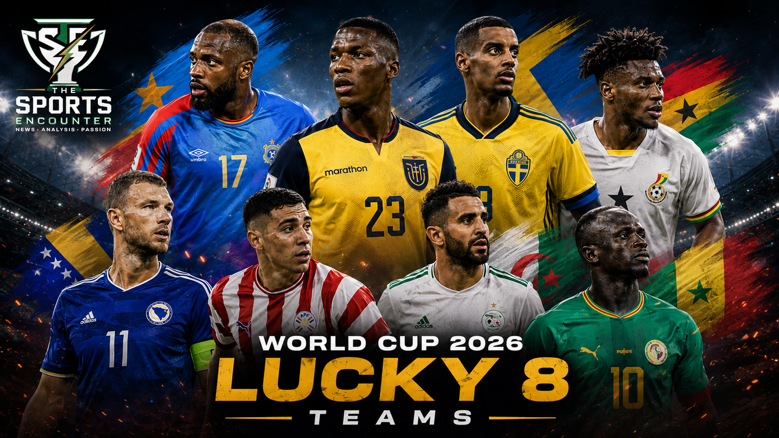 Top players representing the eight Lucky 8 teams at the FIFA World Cup 2026, shown in a cinematic stadium collage with The Sports Encounter logo.