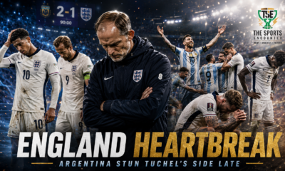 Thomas Tuchel and dejected England players react after a 2-1 World Cup 2026 semi-final defeat as Lionel Messi and Argentina celebrate in the background.