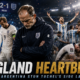 Thomas Tuchel and dejected England players react after a 2-1 World Cup 2026 semi-final defeat as Lionel Messi and Argentina celebrate in the background.