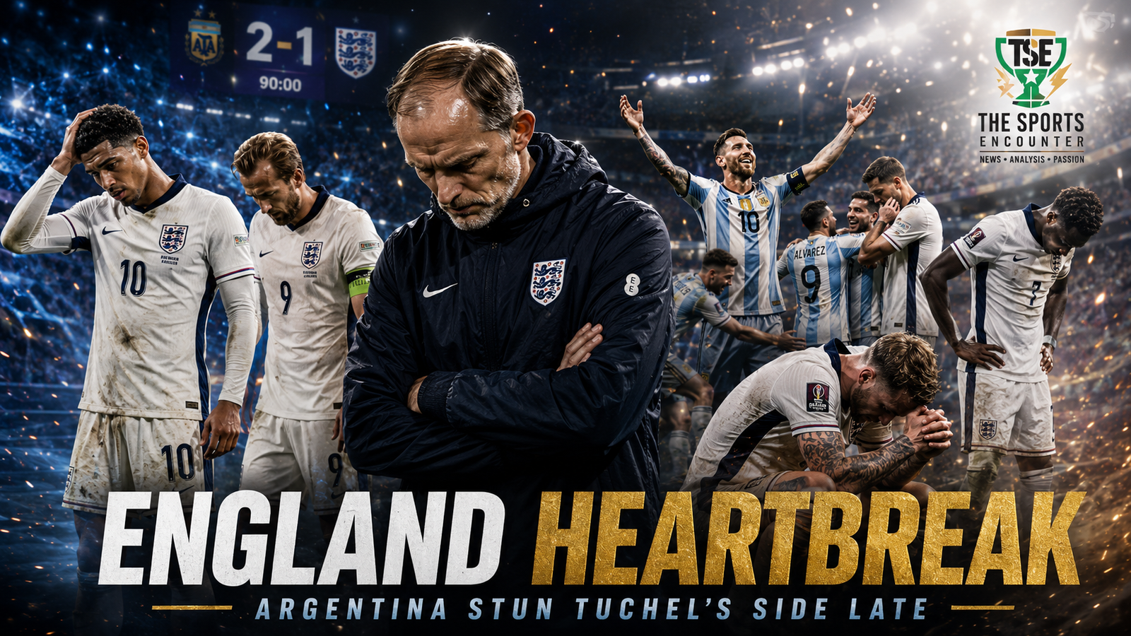 Thomas Tuchel and dejected England players react after a 2-1 World Cup 2026 semi-final defeat as Lionel Messi and Argentina celebrate in the background.