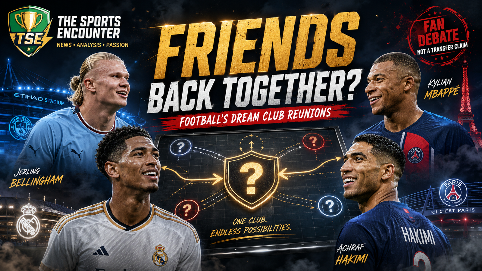 Erling Haaland and Jude Bellingham appear opposite Kylian Mbappé and Achraf Hakimi in a cinematic poster asking which football friendship deserves a club reunion.