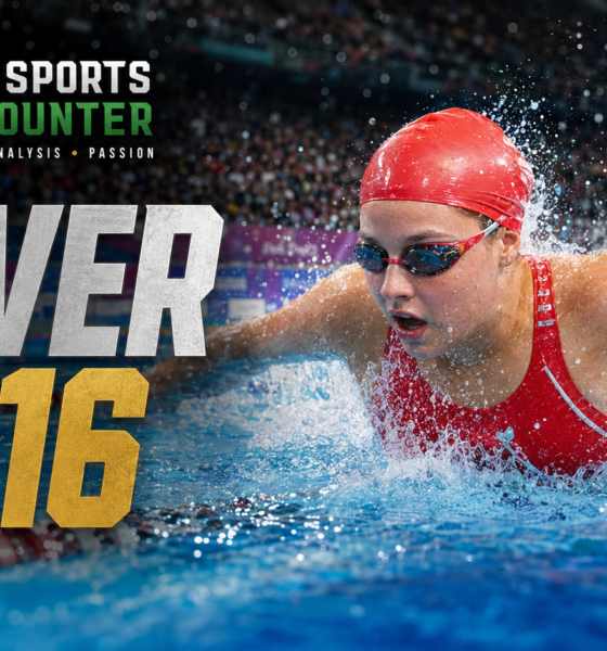 VFX cinematic image of an Amalie Smith-inspired swimmer racing through the pool in a red cap and red England-style swimsuit, with water splashing around her, The Sports Encounter logo, and the headline “Silver at 16.”