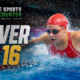 VFX cinematic image of an Amalie Smith-inspired swimmer racing through the pool in a red cap and red England-style swimsuit, with water splashing around her, The Sports Encounter logo, and the headline “Silver at 16.”