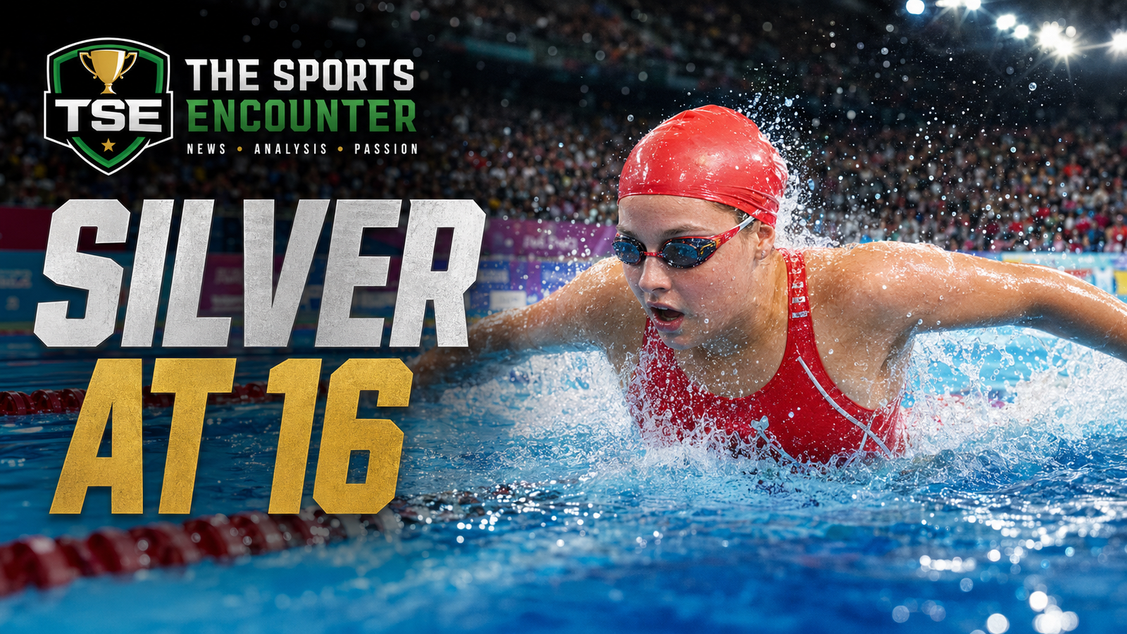 VFX cinematic image of an Amalie Smith-inspired swimmer racing through the pool in a red cap and red England-style swimsuit, with water splashing around her, The Sports Encounter logo, and the headline “Silver at 16.”